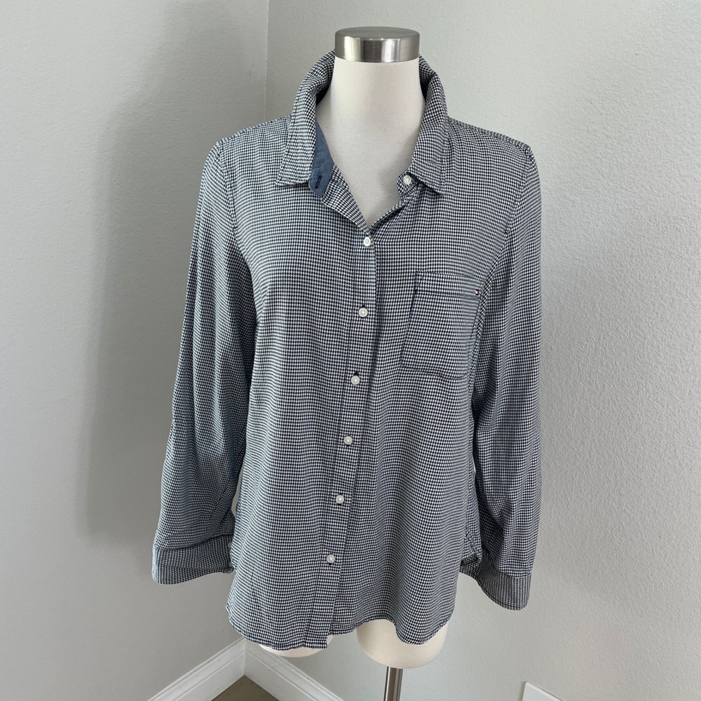 Tommy Hilfiger Womens Plus XXL Blue White Houndstooth Cotton Button Up Shirt Top
